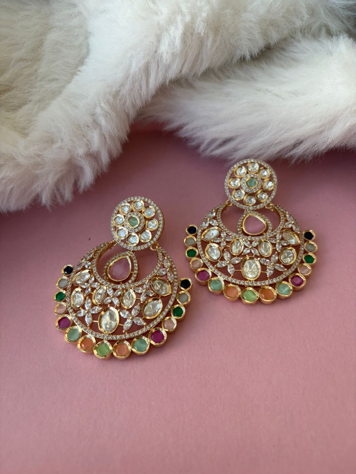 Statement kundan chandbaali with pota stones.