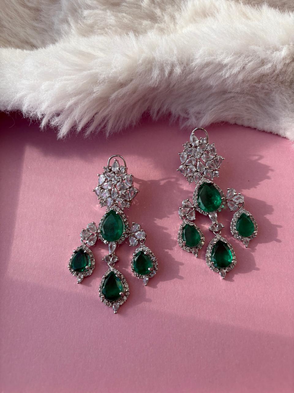Emerald Green Drop Earrings with CZ Stones - bridal and party Wear