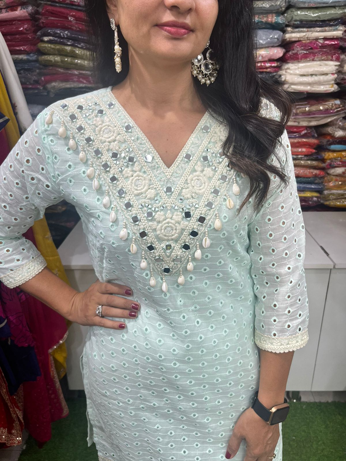 Elegant schiffli embroidered co-ord set with mirror work.