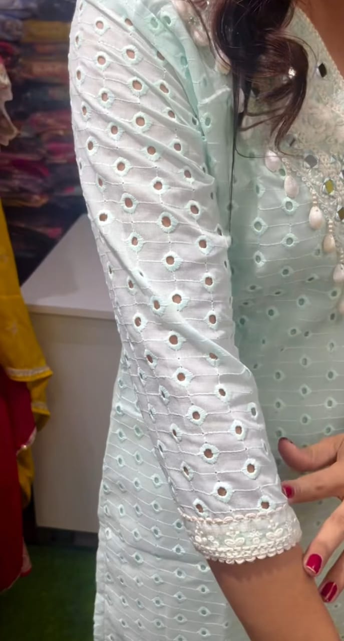 Elegant schiffli embroidered co-ord set with mirror work.