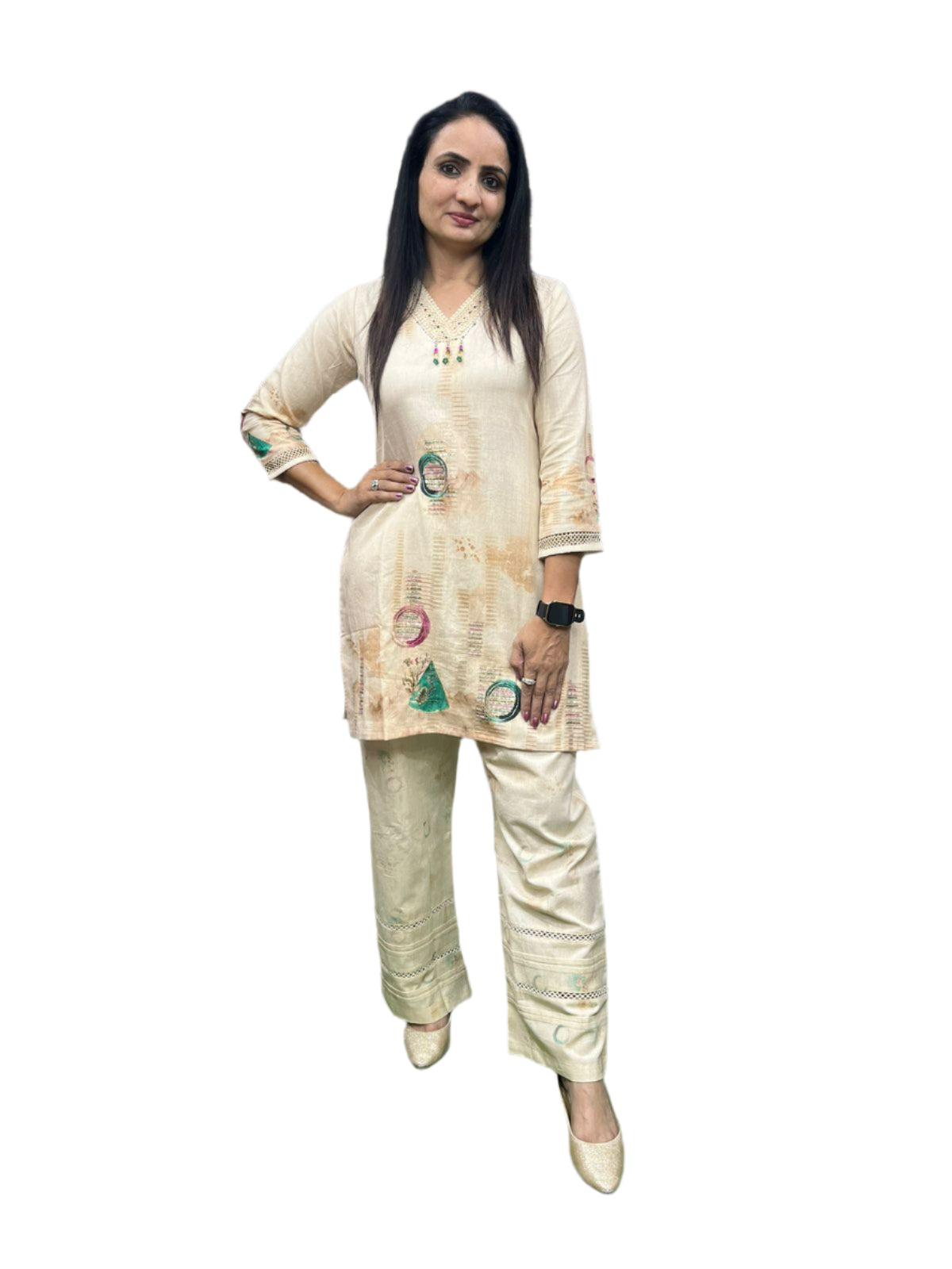 Minimalist boho co-ord set in light beige with thread detailing .