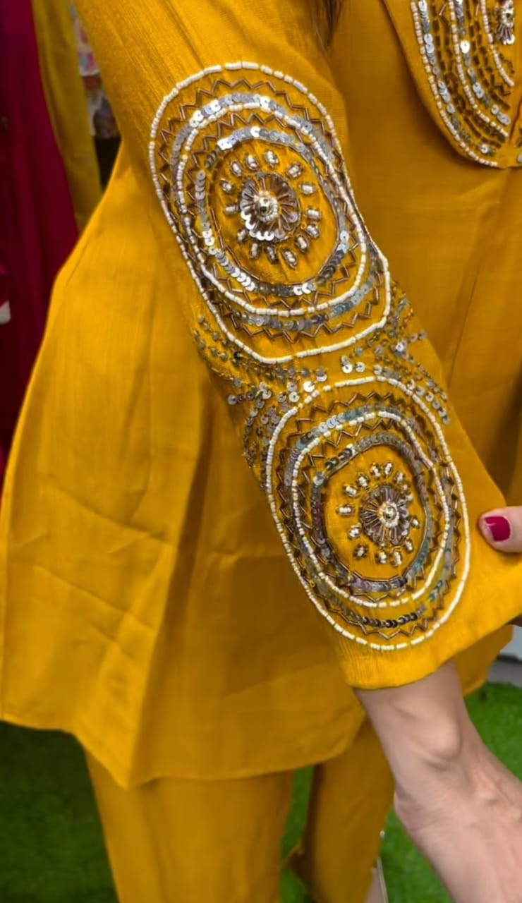 Cotton silk embroidered co-ord set in mustard