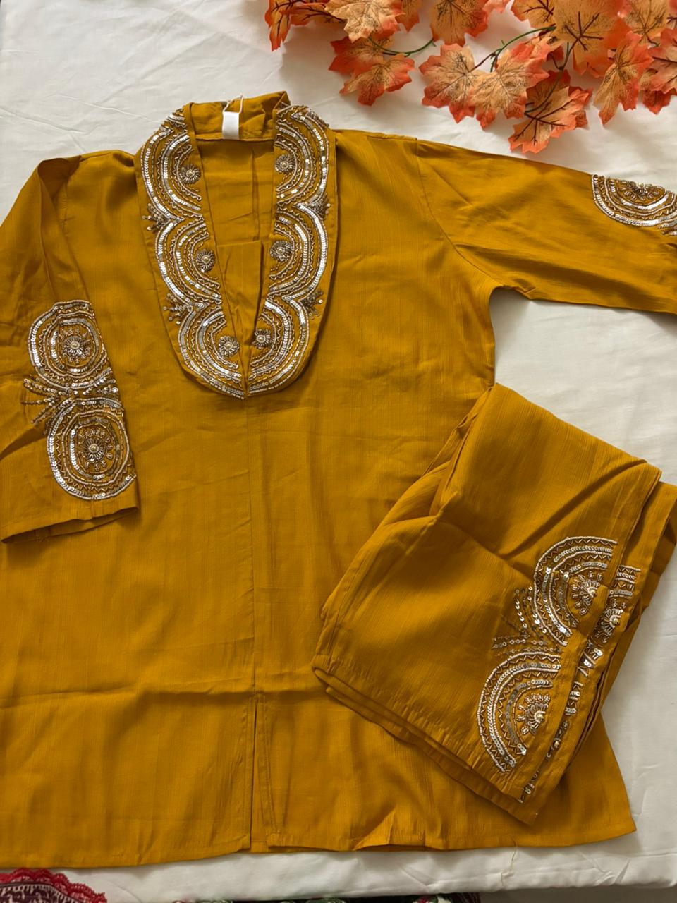 Cotton silk embroidered co-ord set in mustard