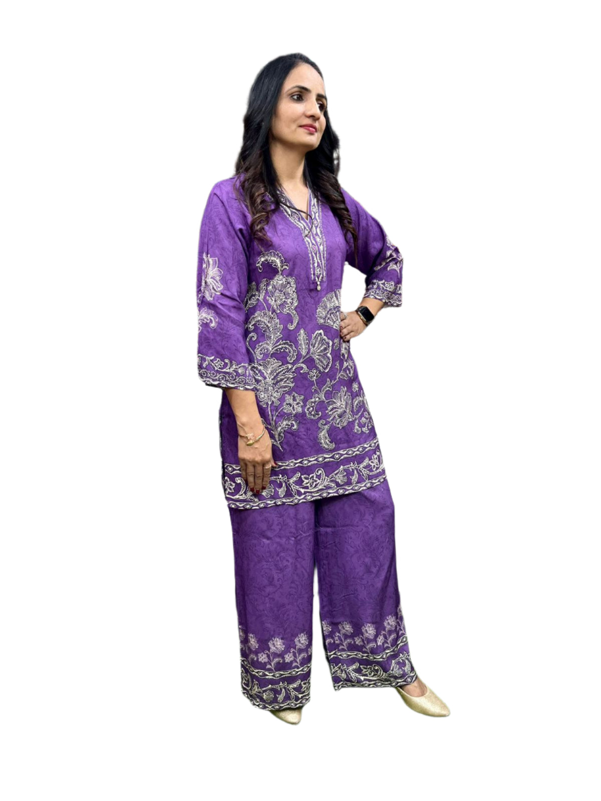 Rich purple co-ord set with digital prints in black.