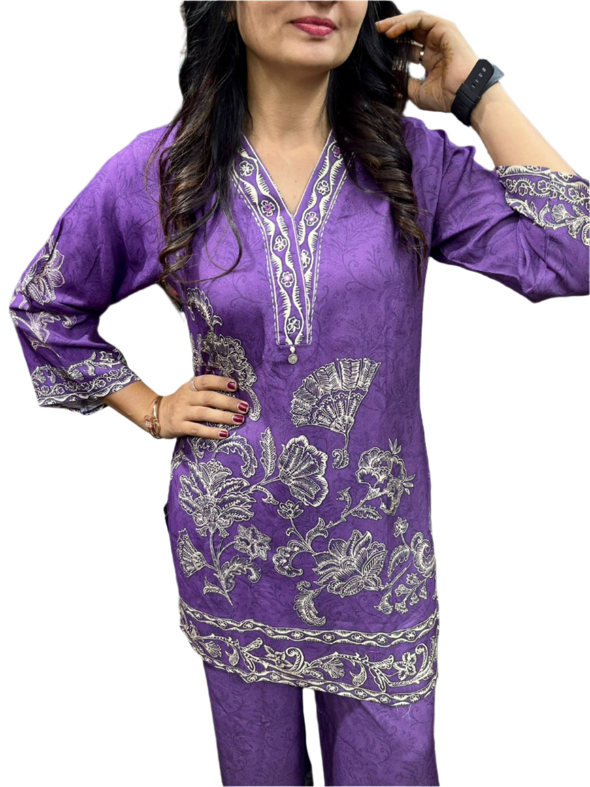 Rich purple co-ord set with digital prints in black.