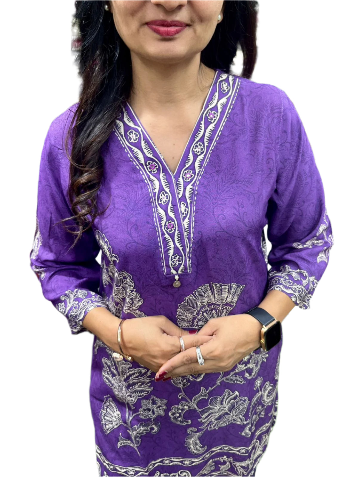 Rich purple co-ord set with digital prints in black.