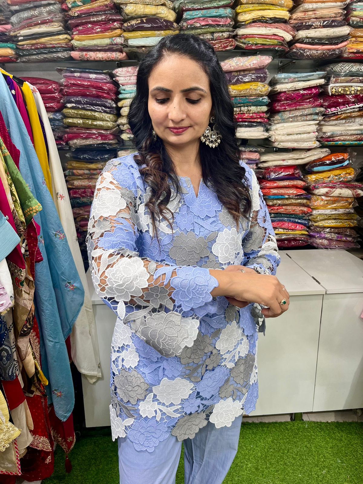 Elegant schiffli co-ord set in sky blue and grey floral cut-work with matching potli bag