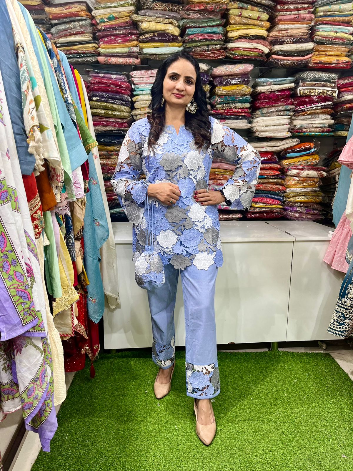Elegant schiffli co-ord set in sky blue and grey floral cut-work with matching potli bag