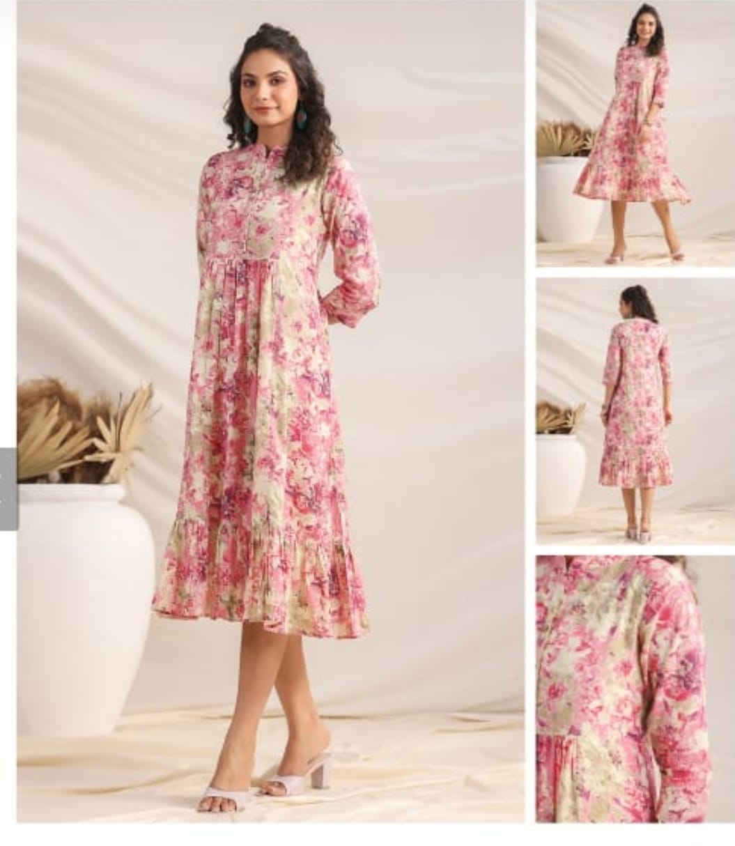Cotton pink midi dress with mandarin collar