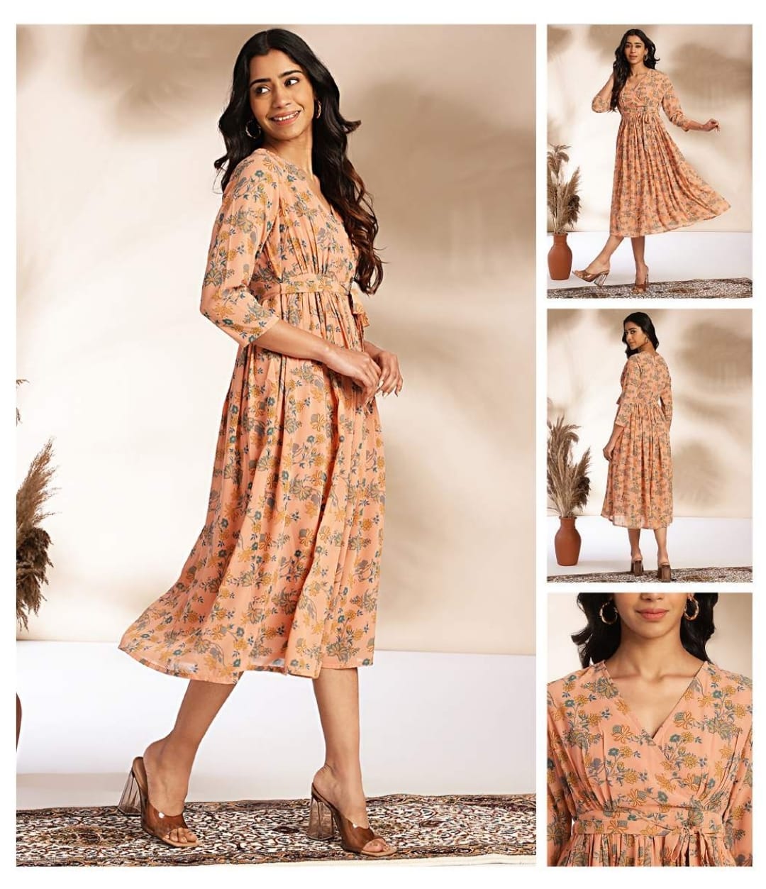 Georgette floral print peach midi dress