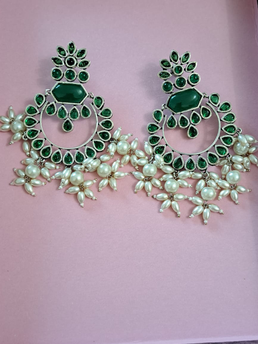 German silver bottle green chand bali with pearls.
