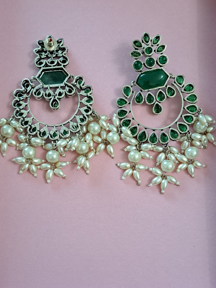 German silver bottle green chand bali with pearls.