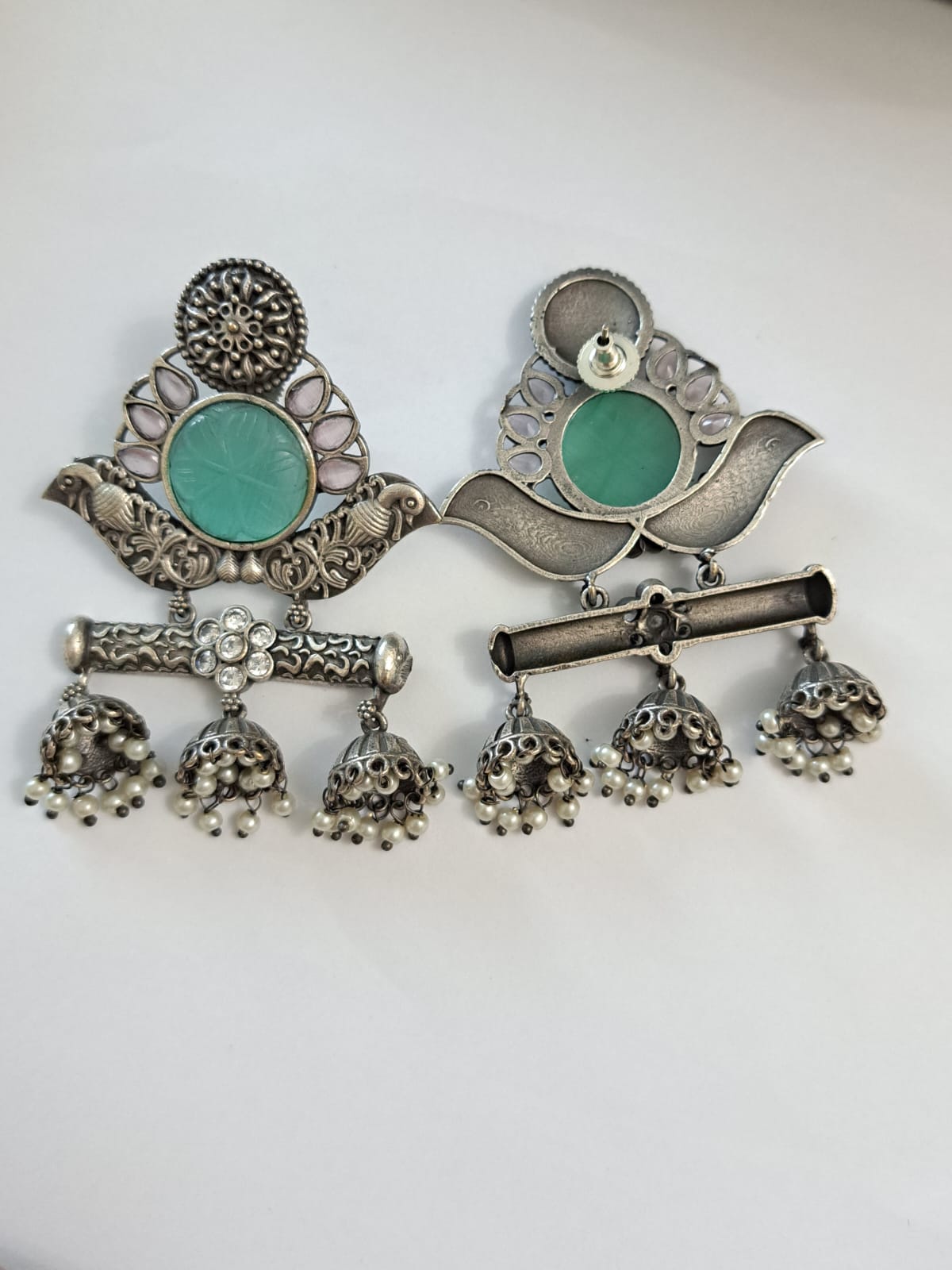 German silver dangling with mint green carved stone.