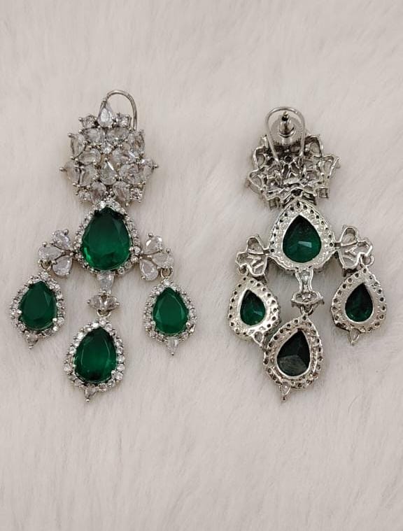 Emerald Green Drop Earrings with CZ Stones - bridal and party Wear