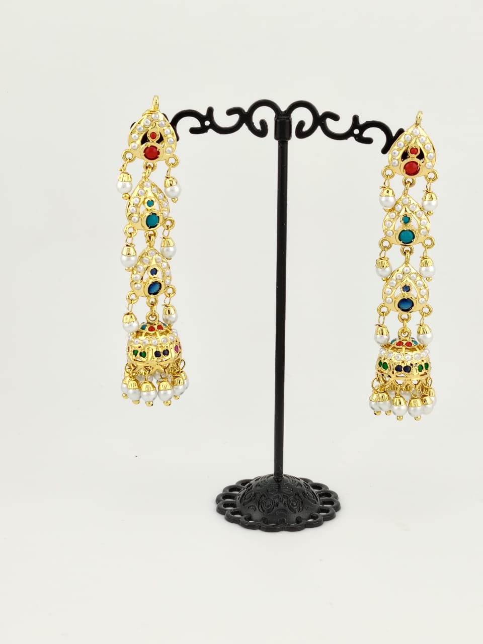 Hyderabadi Jadau navratan(multicolor) stones and pearls long jhumka.