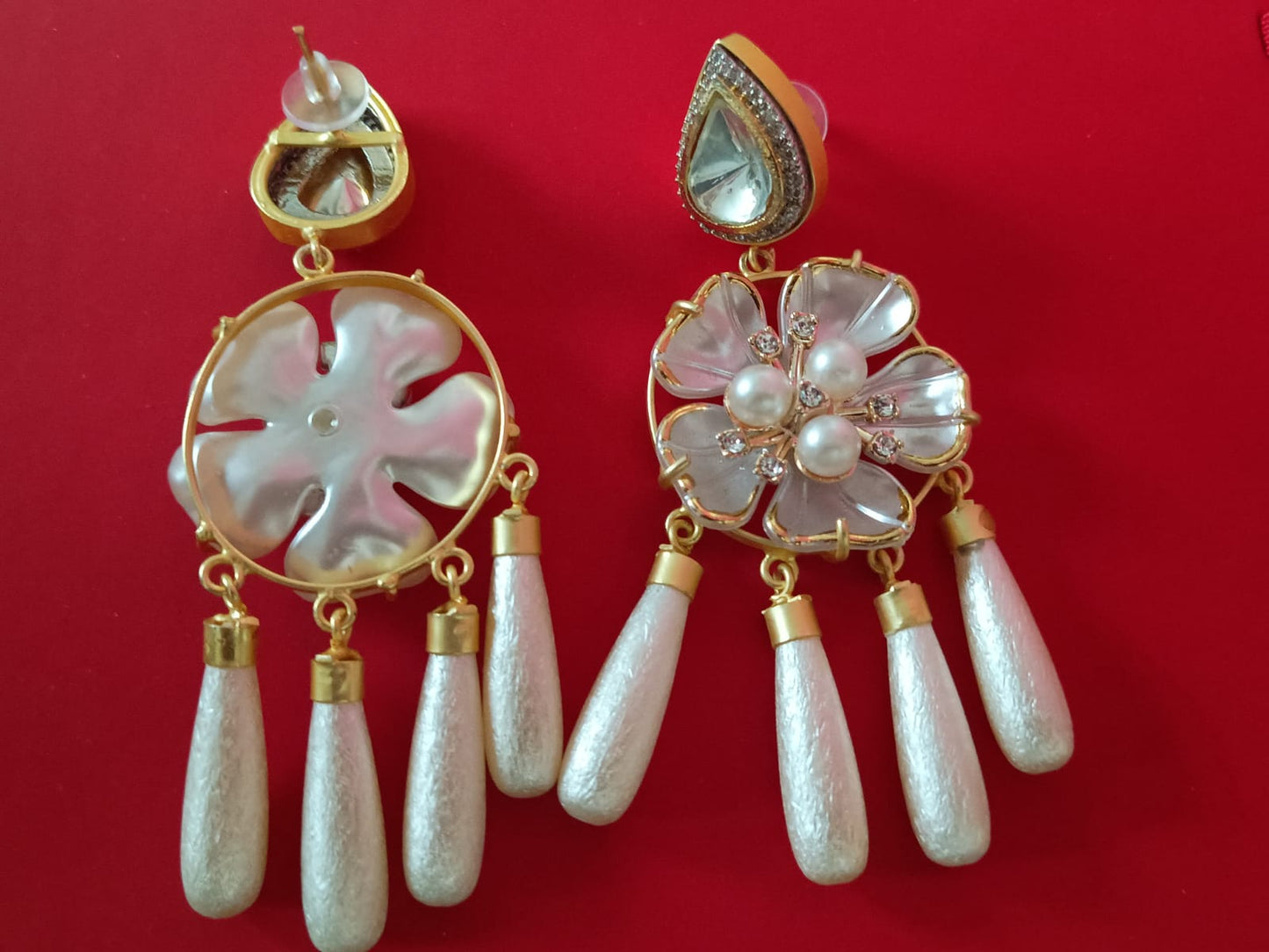 Bridal Kundan Earrings with Floral Pearl Center & Embossed Drop Hangings.