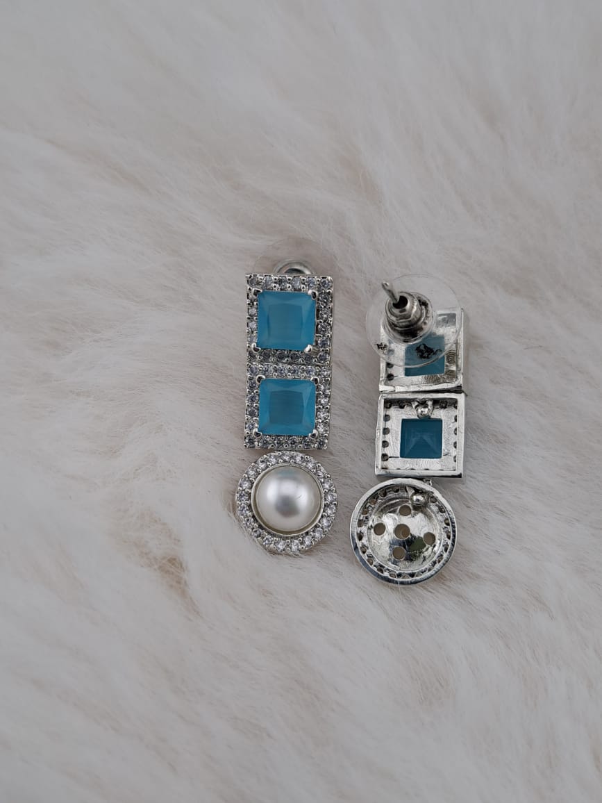 Light blue cubic zircon earrings with american diamonds and pearl