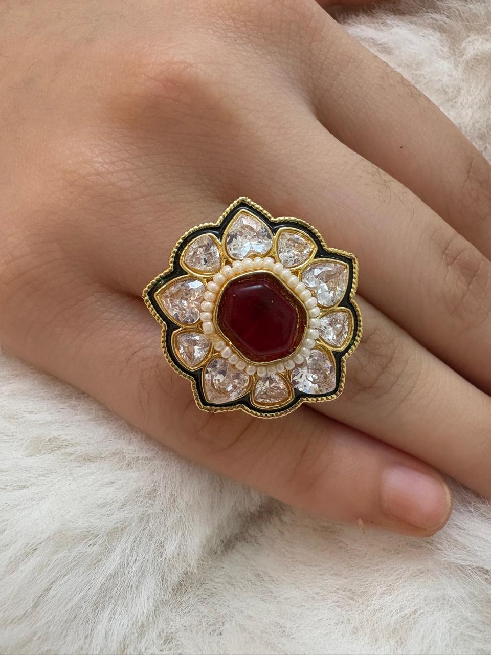 Duplet stone and kundan finger ring with enamel meenakari .