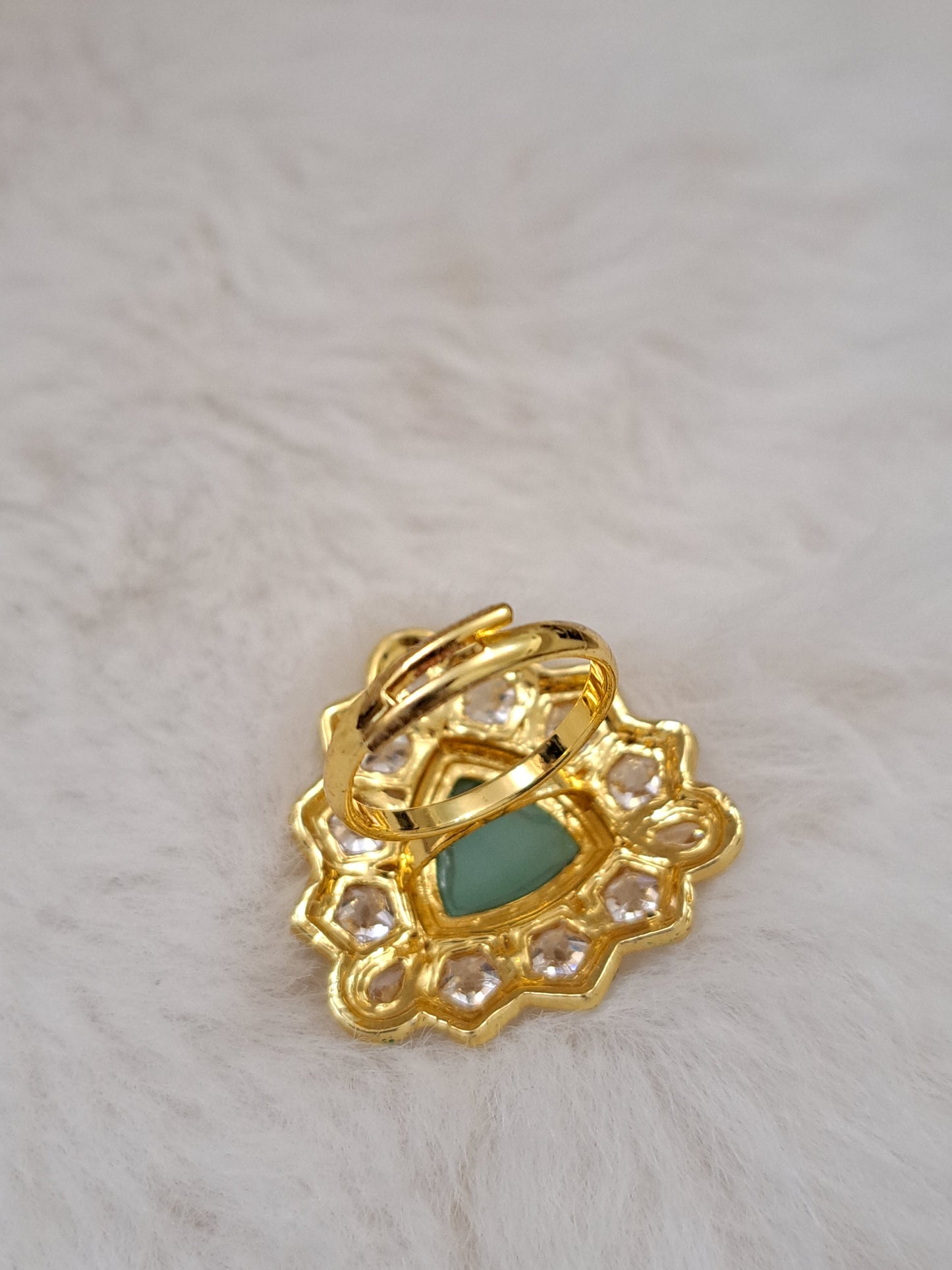 Kundan finger ring with sea green duplet and american diamonds