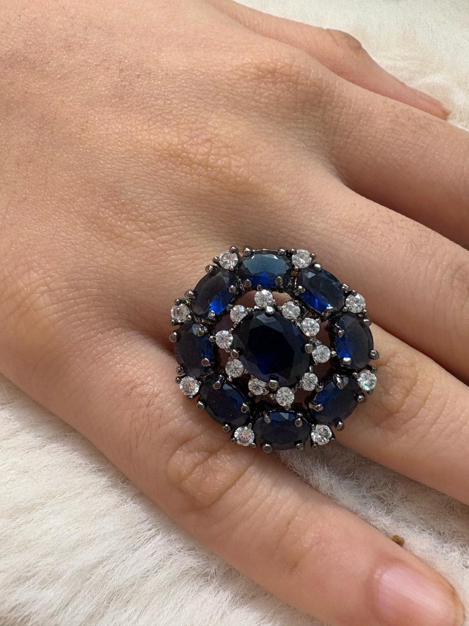 German silver oxidized finger ring with navy blue and white zircons