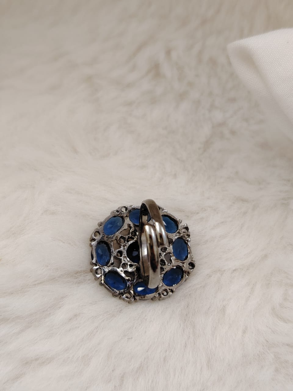 German silver oxidized finger ring with navy blue and white zircons