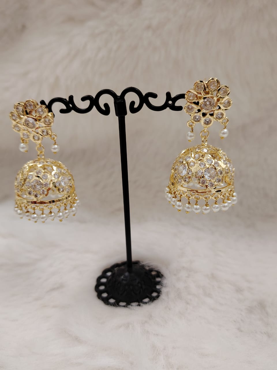 Gold plated jadau jhumka -white stones and pearls