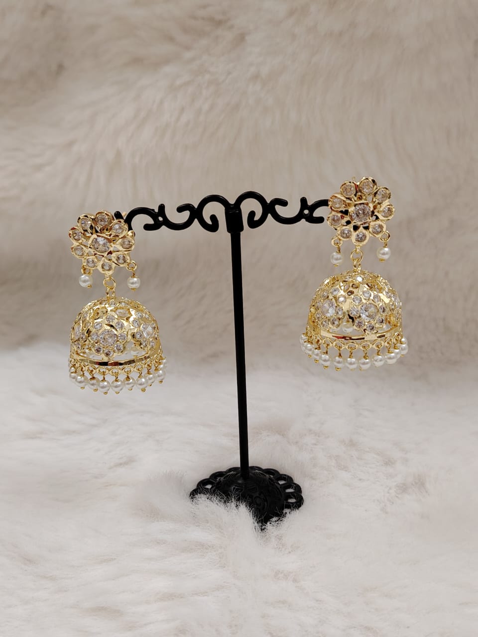 Gold plated jadau jhumka -white stones and pearls