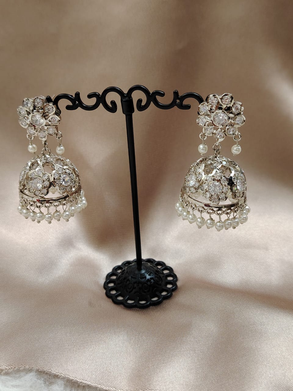 Silver plated jadau jhumka - white stones and pearls