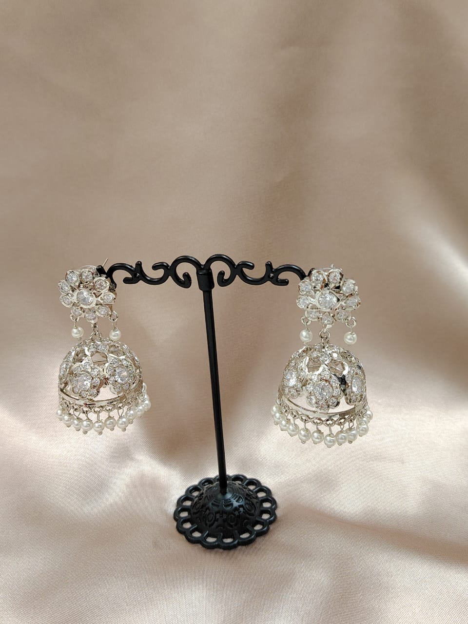 Silver plated jadau jhumka -white stones and pearls