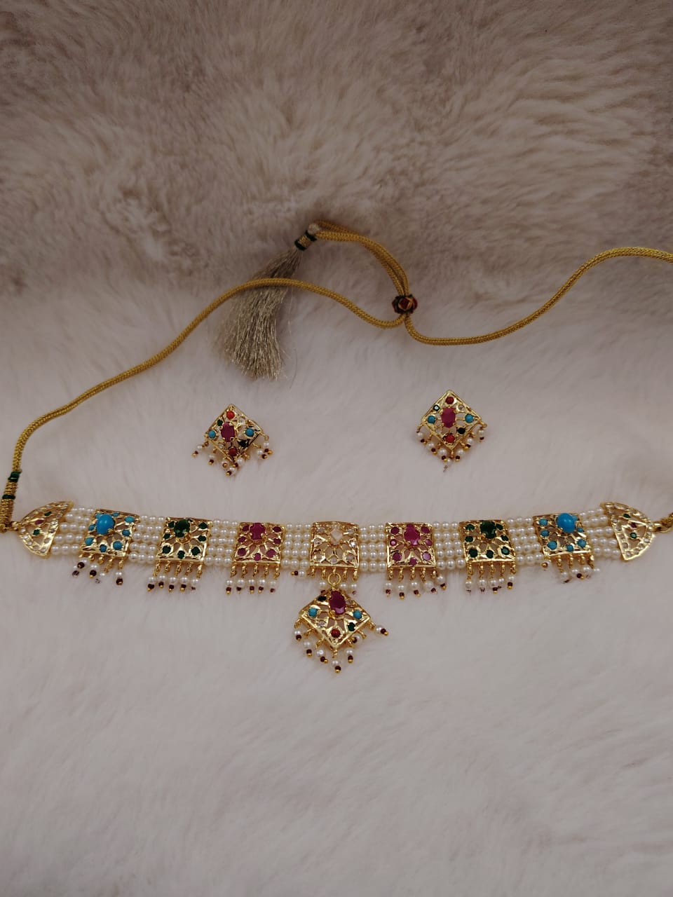Hyderabadi pearl navratan(multicolor)stones jadau hexa-necklace set