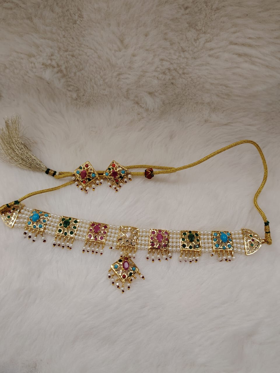 Hyderabadi pearl navratan(multicolor)stones jadau hexa-necklace set