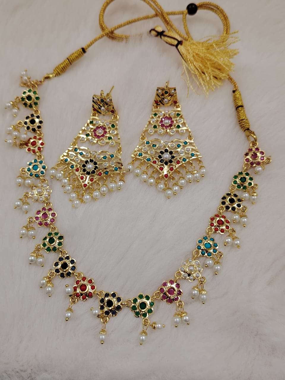 Handmade neckfit pearl choker set with navratan(multicolor) gemstones