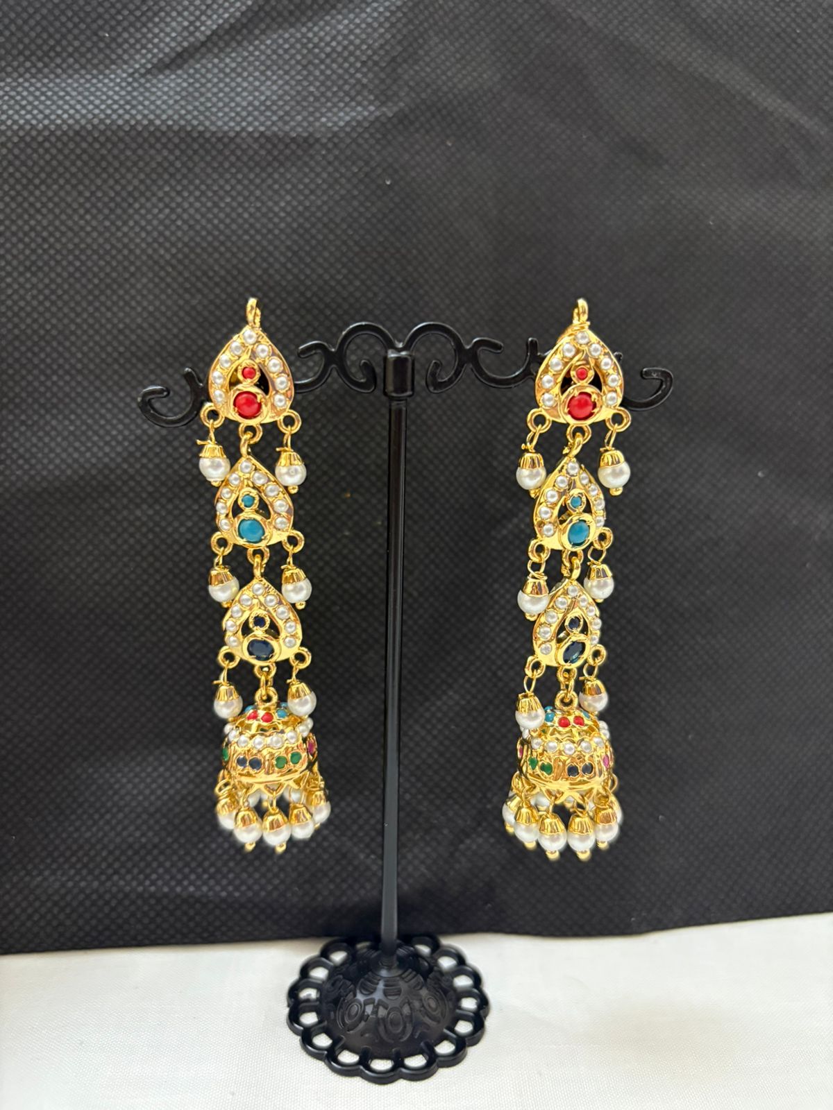 Hyderabadi Jadau navratan(multicolor) stones and pearls long jhumka.