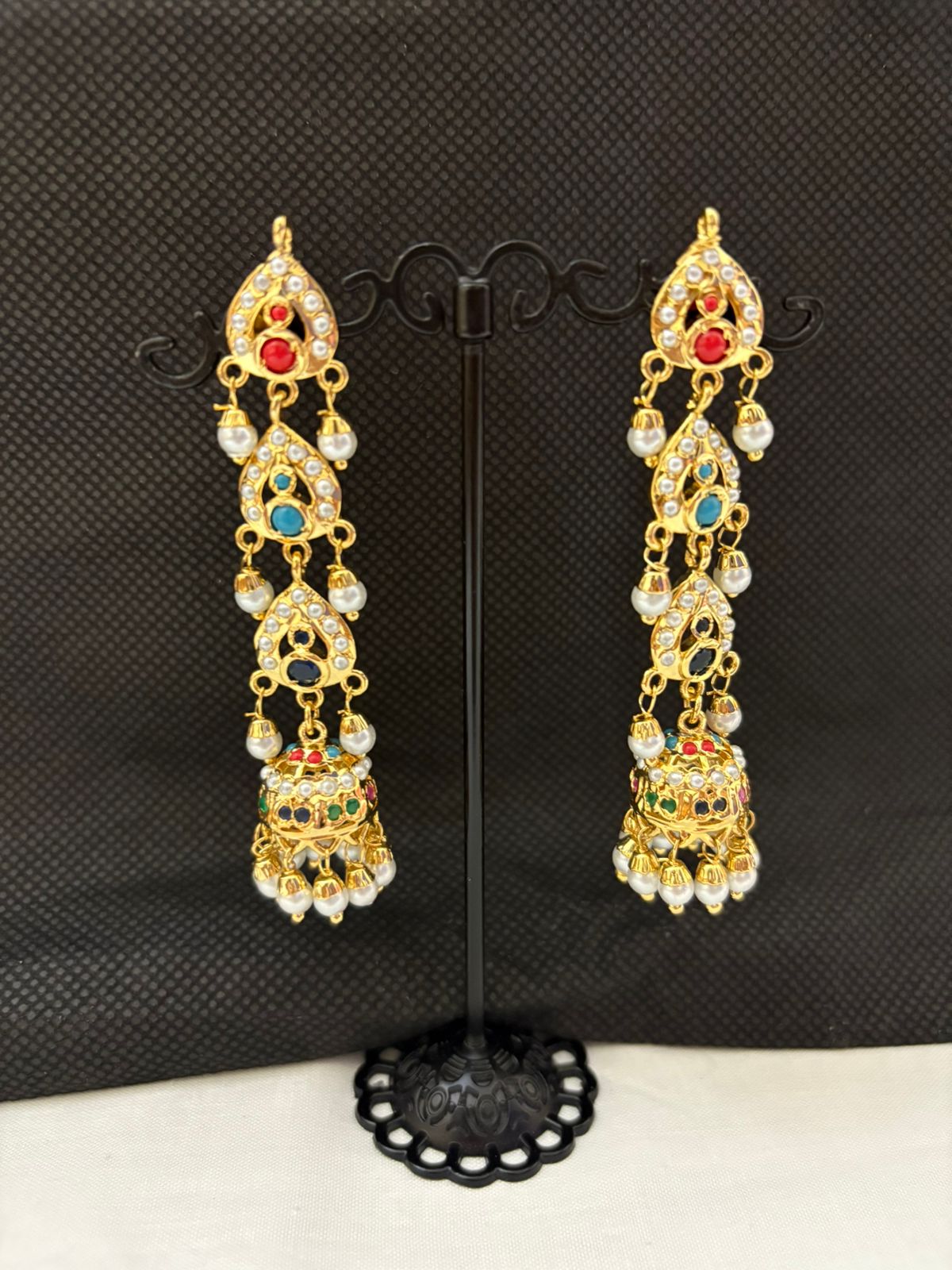 hyderabadi jadau navratan(multicolor) stones and pearls jhumka