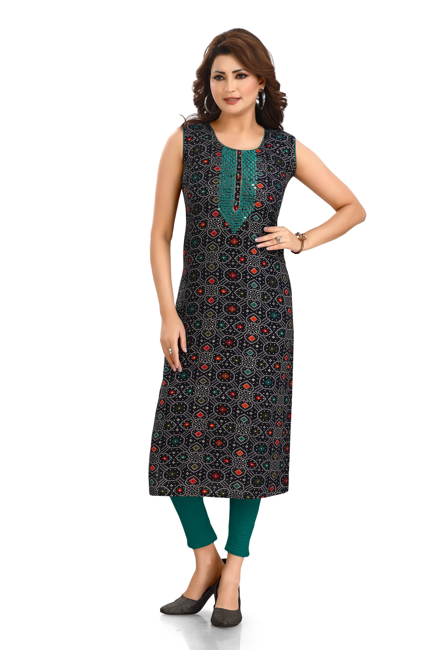 Rayon kurti with bandhni print and embroidered yolk