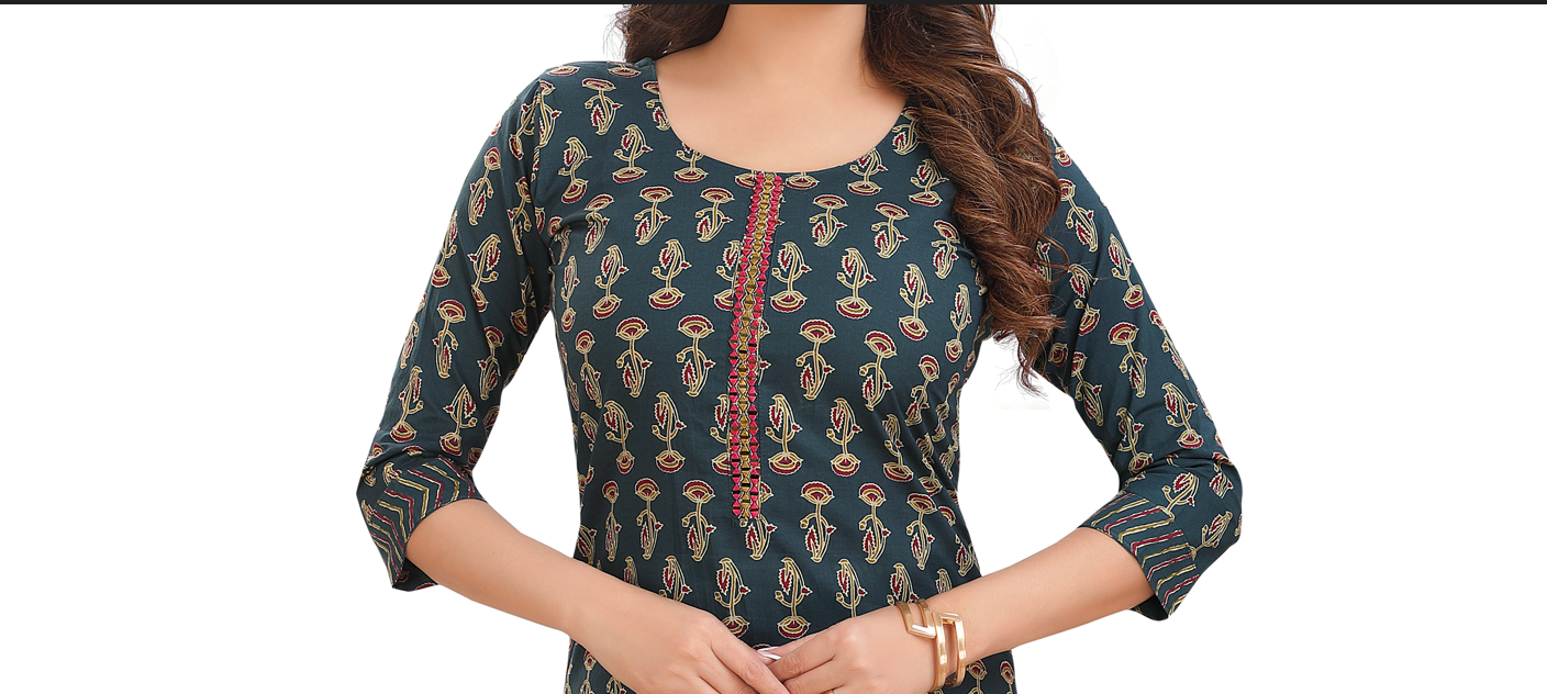 Cotton kalamkari green kurti with mirror embroidery.