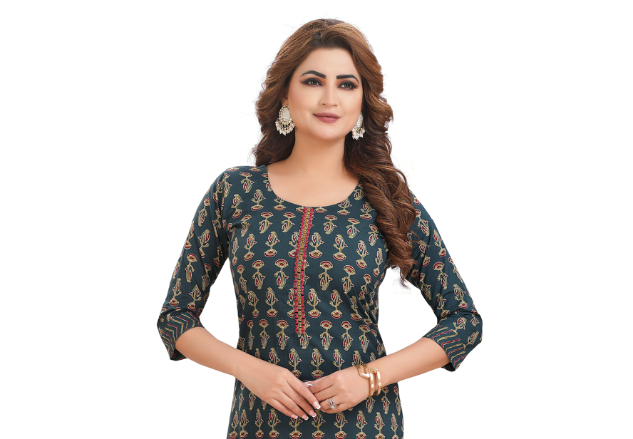 Cotton kalamkari green kurti with mirror embroidery.