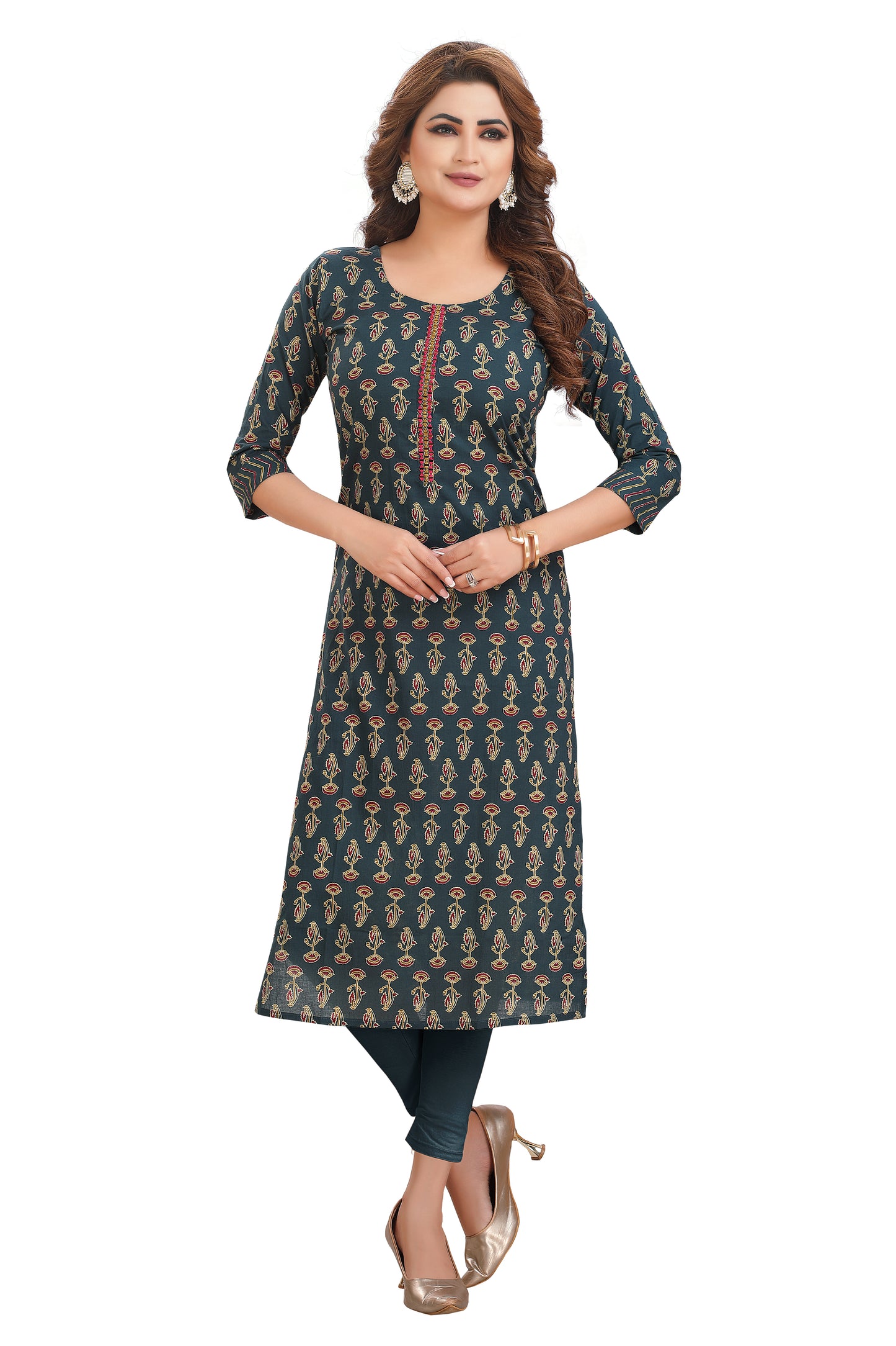 Ctton kalamkari green kurti with mirror embroidery