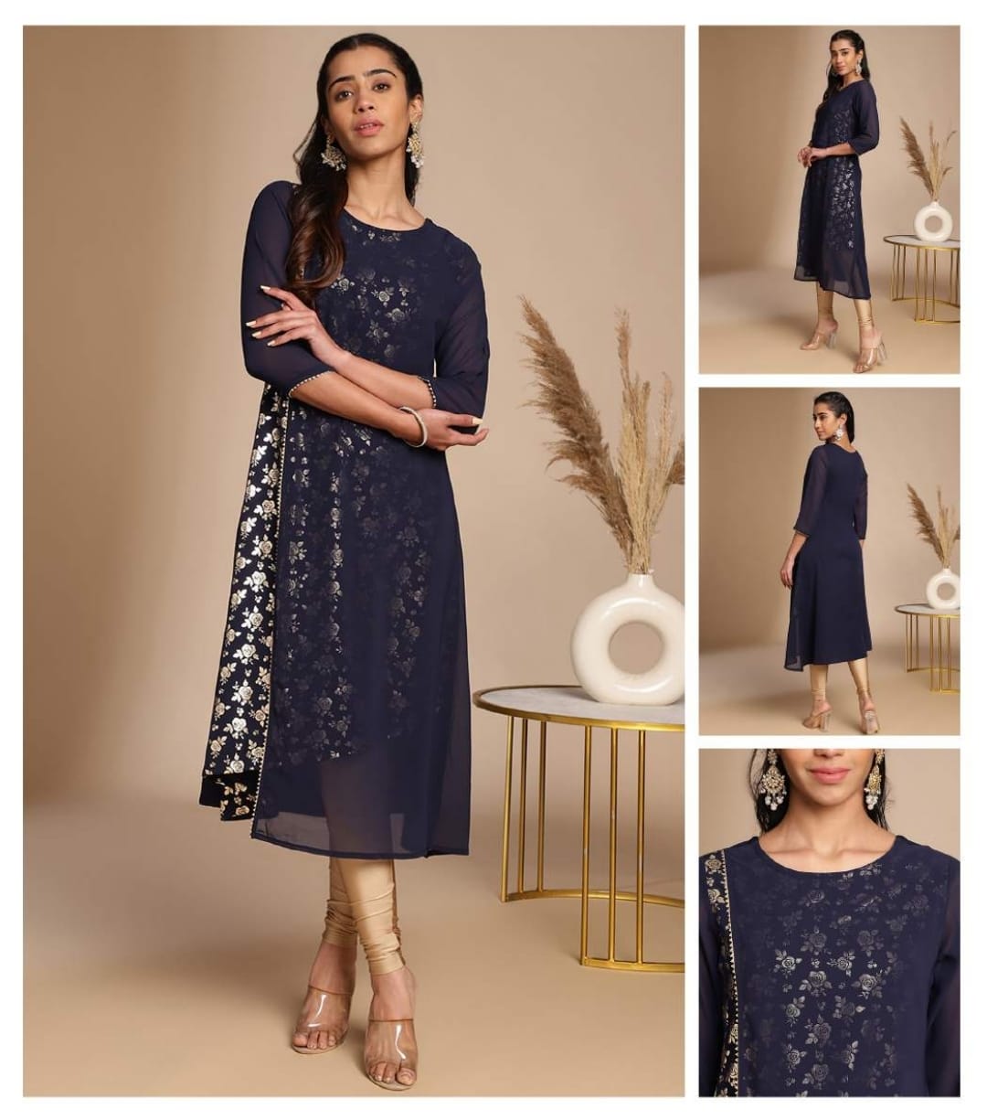 American crepe navy blue double layered dress
