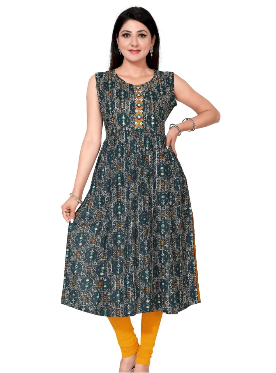 Cotton green printed body frock with embroidered neck patch
