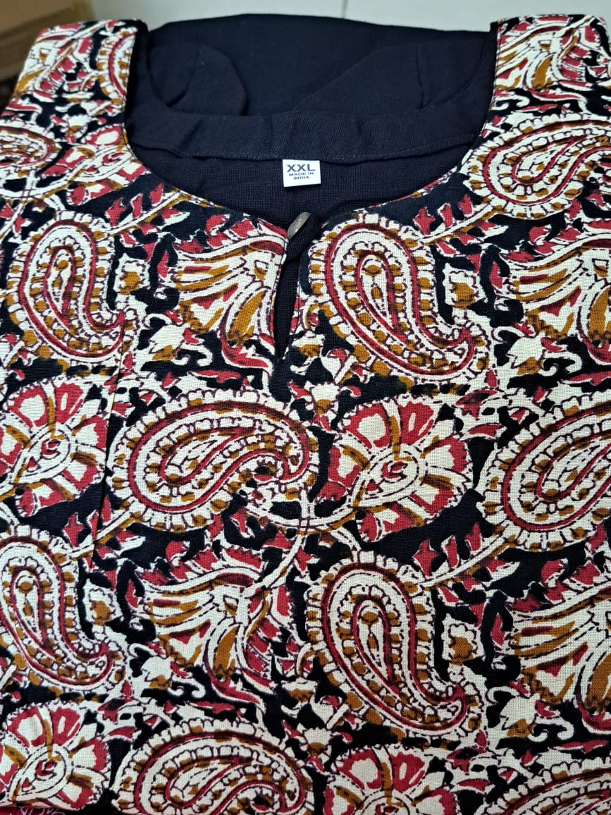 Cotton black A-line kurti with kalamkari patch on yolk and sleeves