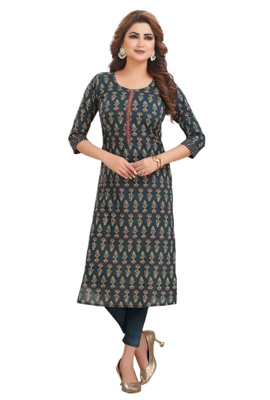 Cotton kalamkari green kurti with mirror embroidery
