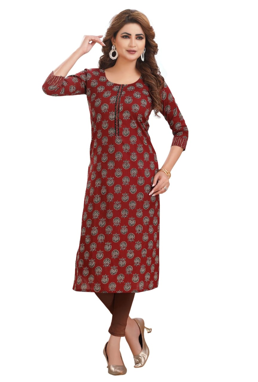 Cotton kalamkaari maroon kurti with embroidery and mirror work patch