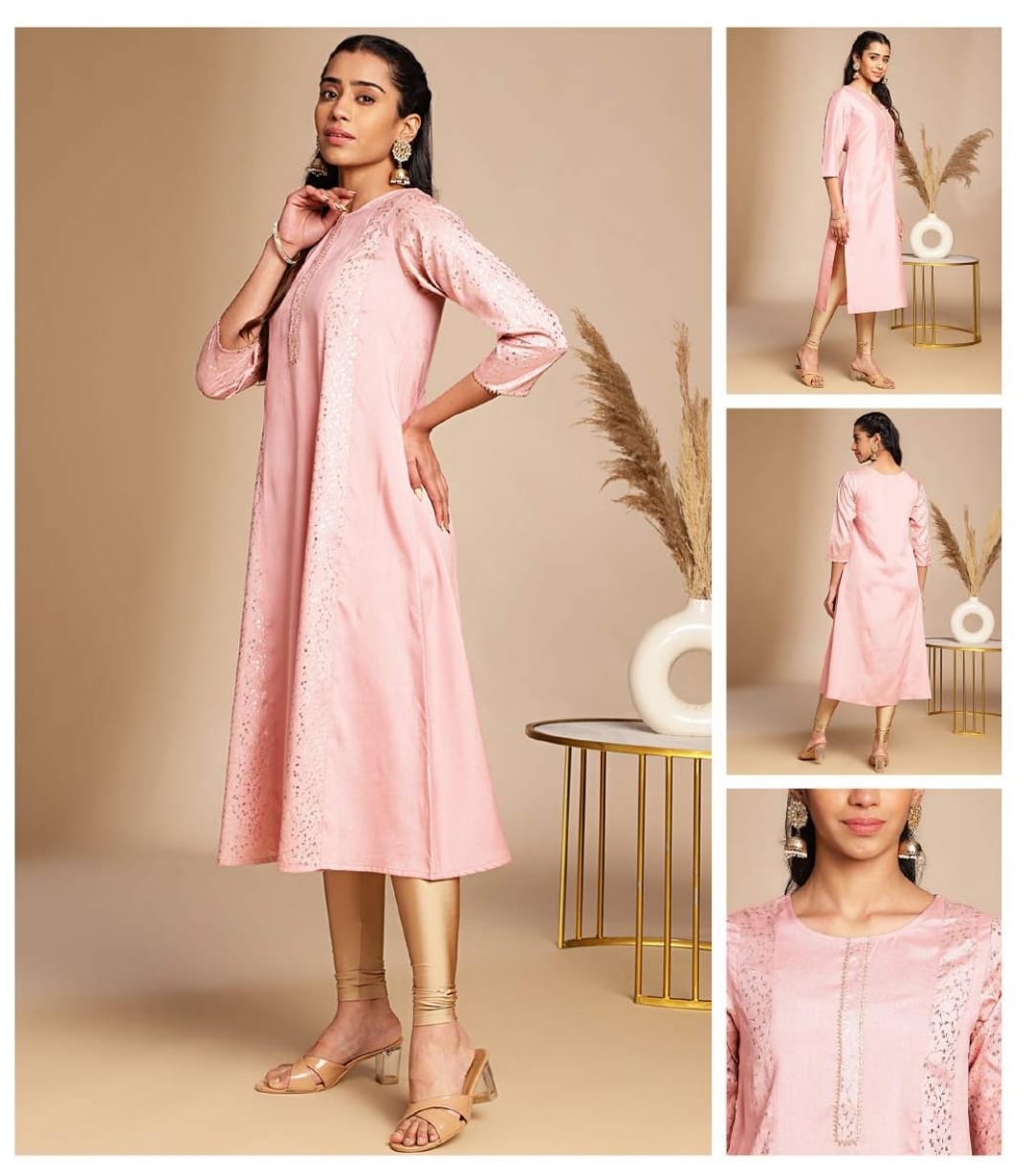 Crepe silk frock in pink with foil prints and gota patti