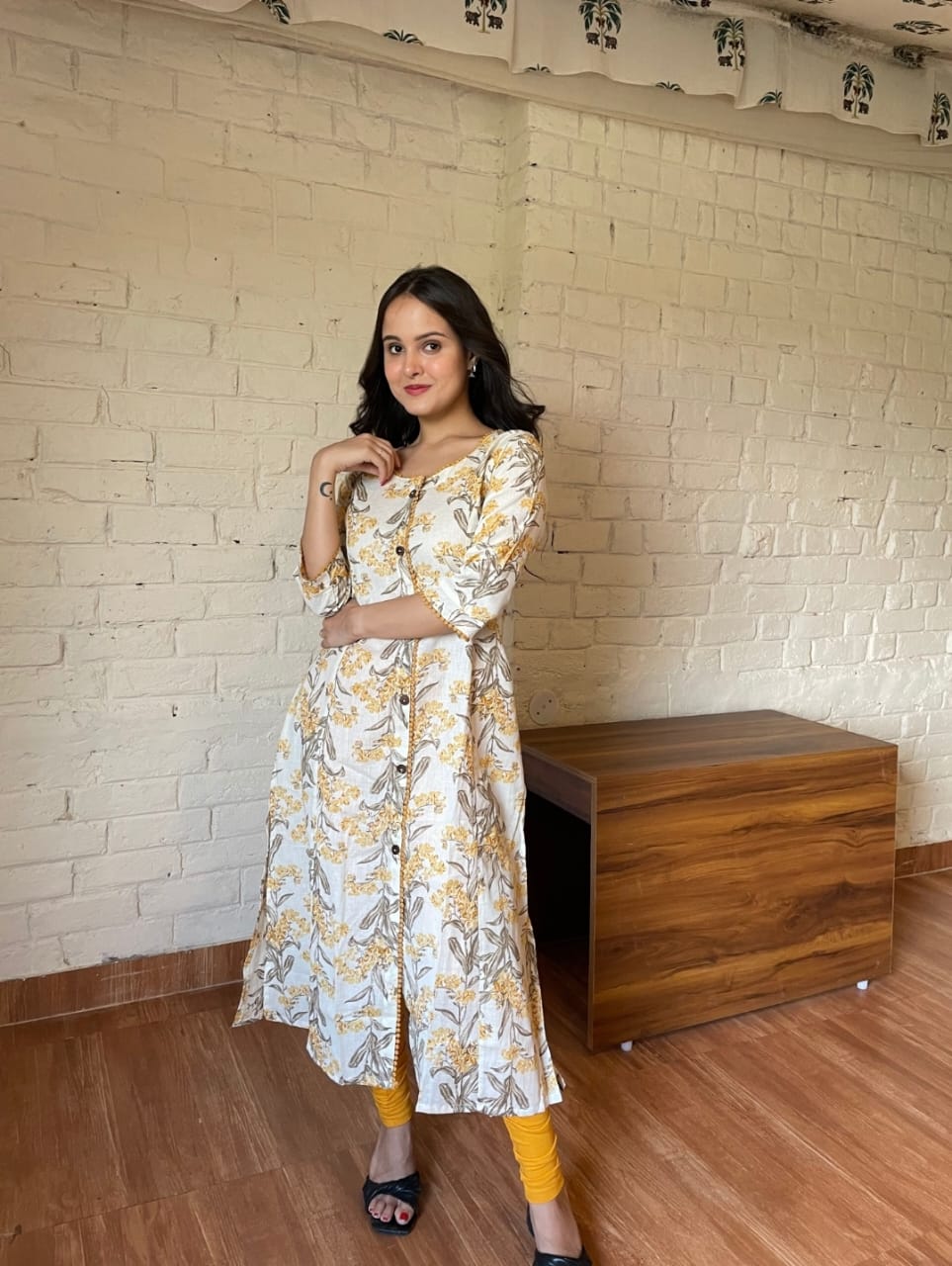 Linen cotton off-white A kurti with mustard yellow floral prints line
