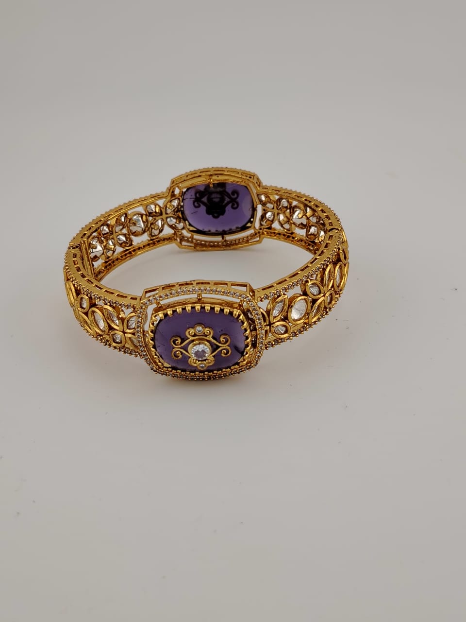 Kundan handcuff or kada with purple doublet stones and American diamonds- size 2.6"