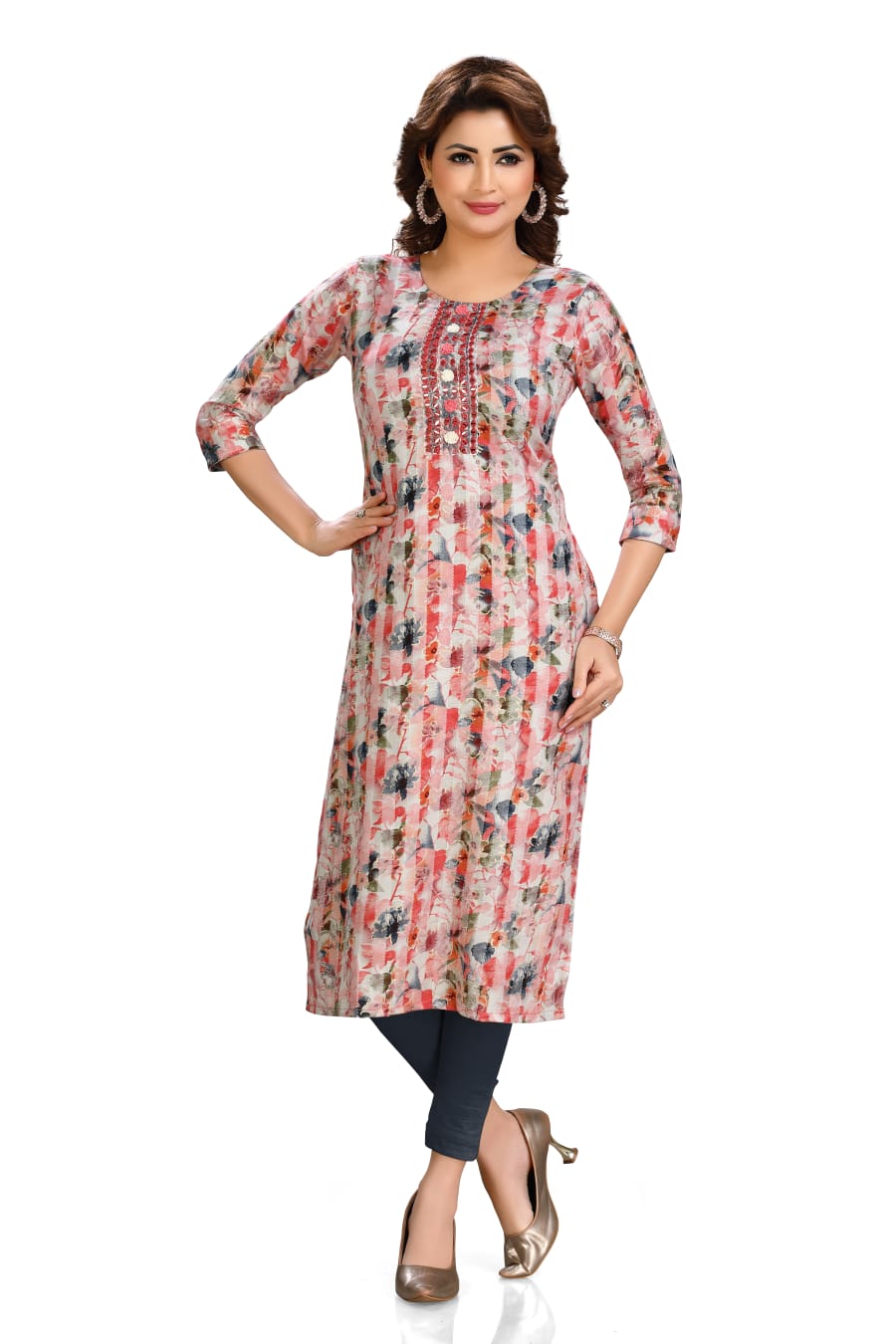 Linen pink kurti with mirror work and embroidered yolk