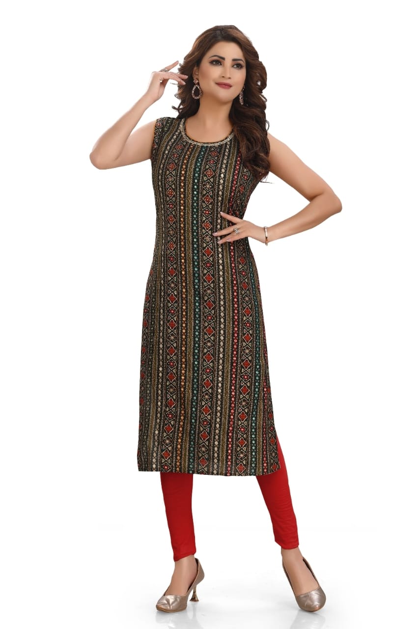 Rayon green printed kurti with katha and stones work