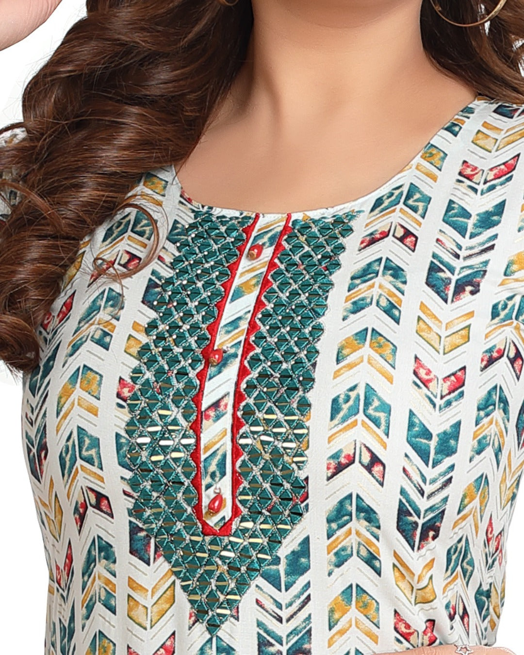 Rayon kurti with embroidery and mirror work on yolk