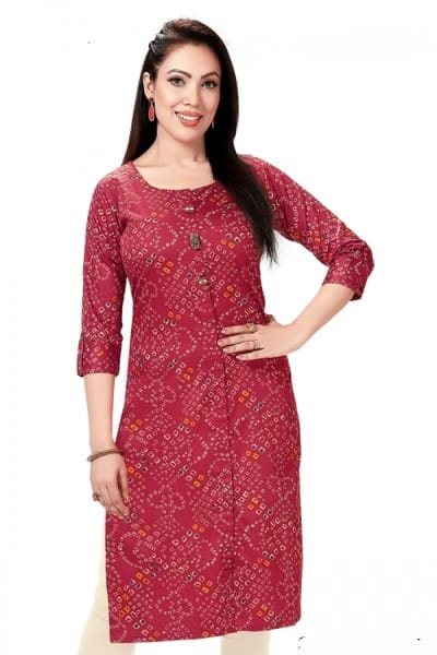 Cotton satin bandhni print A-line kurti in red